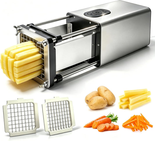 Electric French Fry Cutter - Automatic Potato Cutter with 1/2" & 3/8" Stainless Steel Blades, Non-Slip Suction Base, for Homemade Fries & Veggie Prep Potatoes Carrots, Kitchen & Light Commercial Use