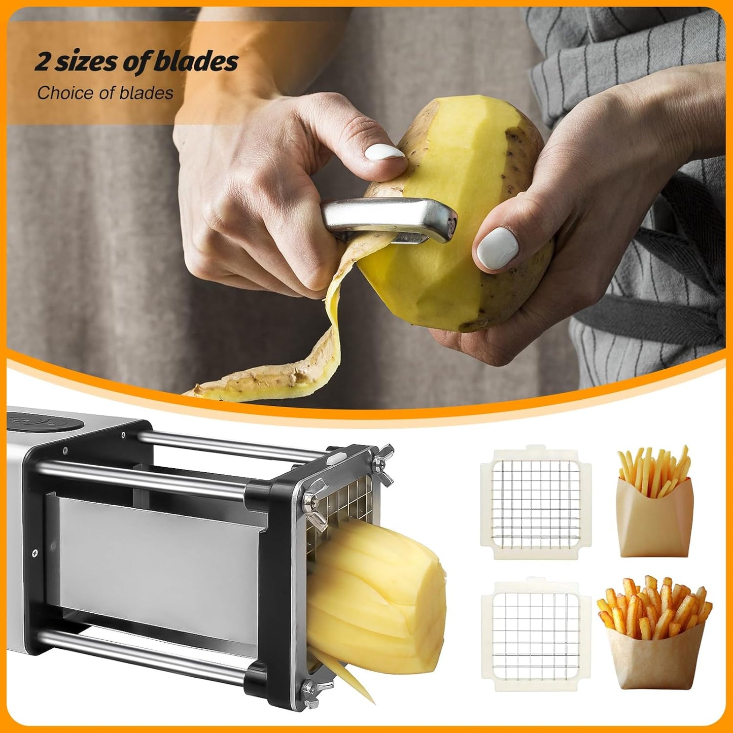Electric French Fry Cutter - Automatic Potato Cutter with 1/2" & 3/8" Stainless Steel Blades, Non-Slip Suction Base, for Homemade Fries & Veggie Prep Potatoes Carrots, Kitchen & Light Commercial Use
