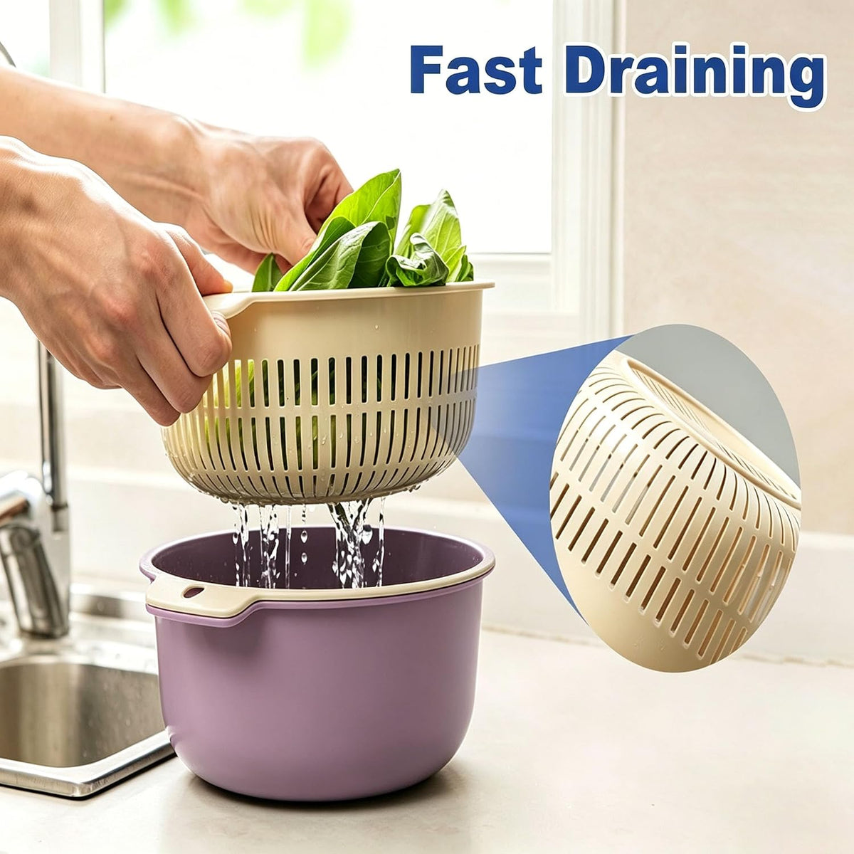 2 in 1 Colander Bowl Set Detachable Strainer Serving Bowl for Kitchen