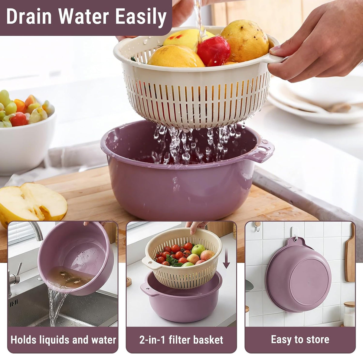 2 in 1 Colander Bowl Set Detachable Strainer Serving Bowl for Kitchen