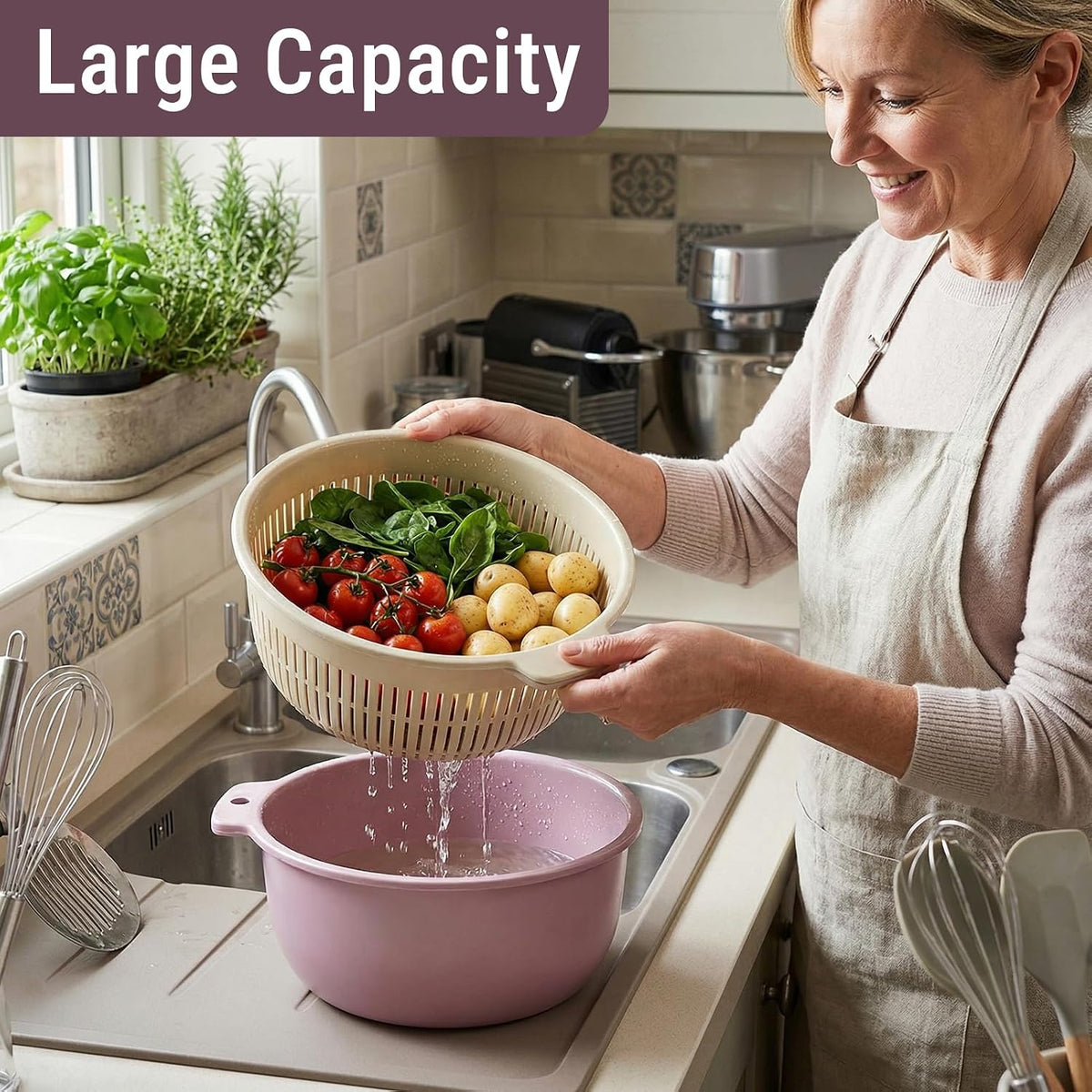 2 in 1 Colander Bowl Set Detachable Strainer Serving Bowl for Kitchen