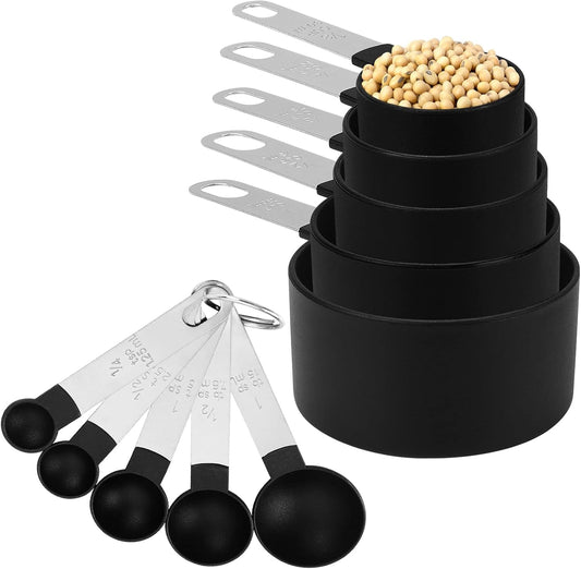 10 Piece Plastic Measuring Cups Spoons with Stainless Steel Handle | Food Grade Material, Stackable Kitchen Gadgets Measure Tools for Cooking & Baking