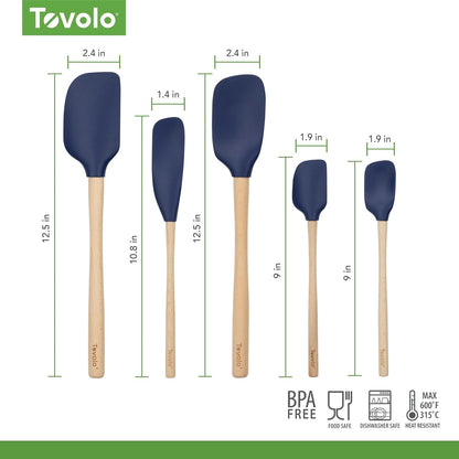 Silicone Spatula with Wooden Handle Set of 5 Piece Silicone Kitchen Utensil Set Spoonula Jar Scraper Mini Spatula and Spoonula for Cooking Baking Mixing Folding Deep Indigo