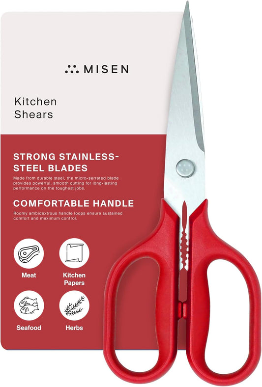 Heavy Duty Kitchen Shears - Stainless Steel, Versatile and Easy Clean Scissors for Meat, Herbs and Veggies - Ambidextrous Comfort Handle - Professional Grade - Red