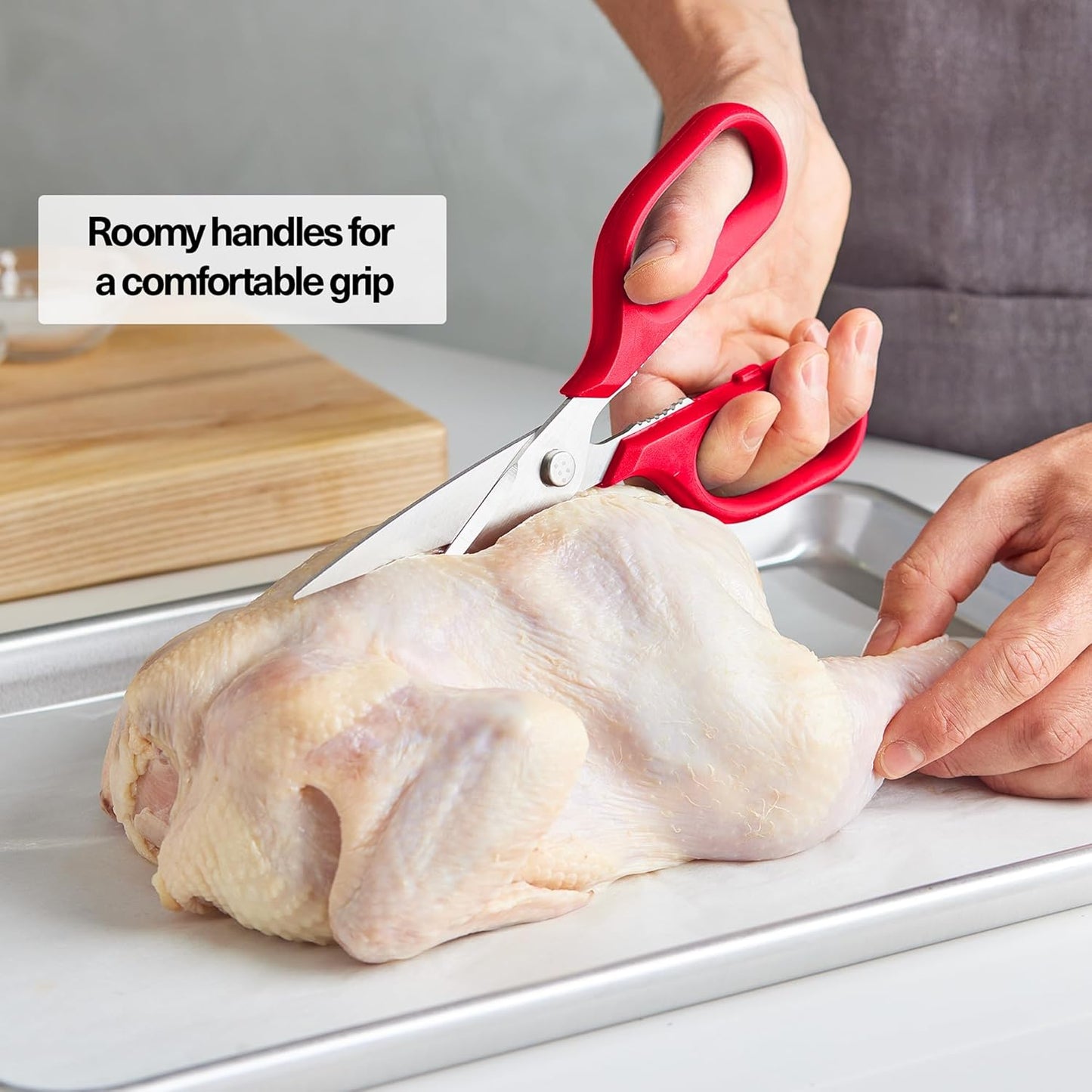 Heavy Duty Kitchen Shears - Stainless Steel, Versatile and Easy Clean Scissors for Meat, Herbs and Veggies - Ambidextrous Comfort Handle - Professional Grade - Red