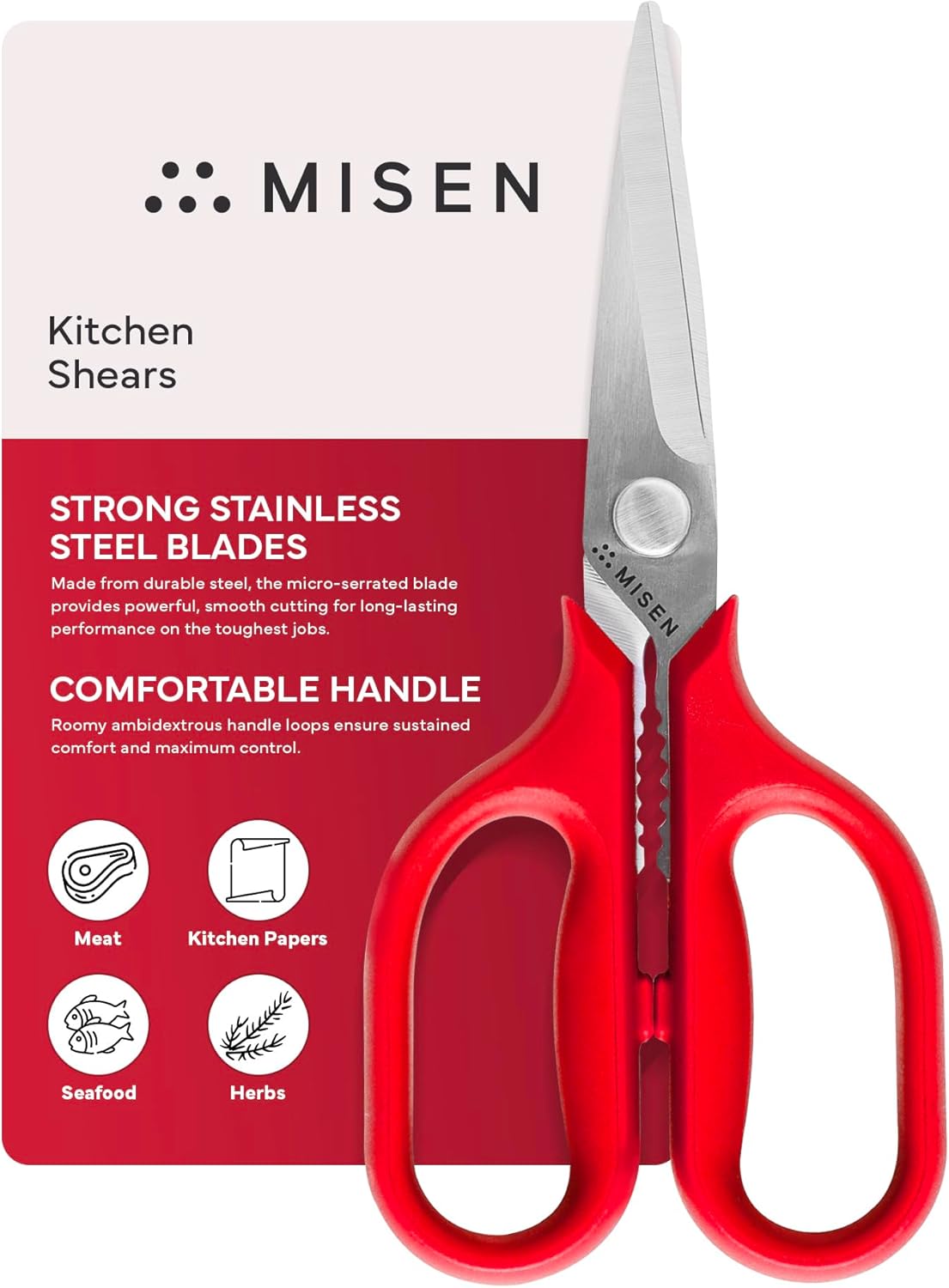 Heavy Duty Kitchen Shears - Stainless Steel, Versatile and Easy Clean Scissors for Meat, Herbs and Veggies - Ambidextrous Comfort Handle - Professional Grade - Red
