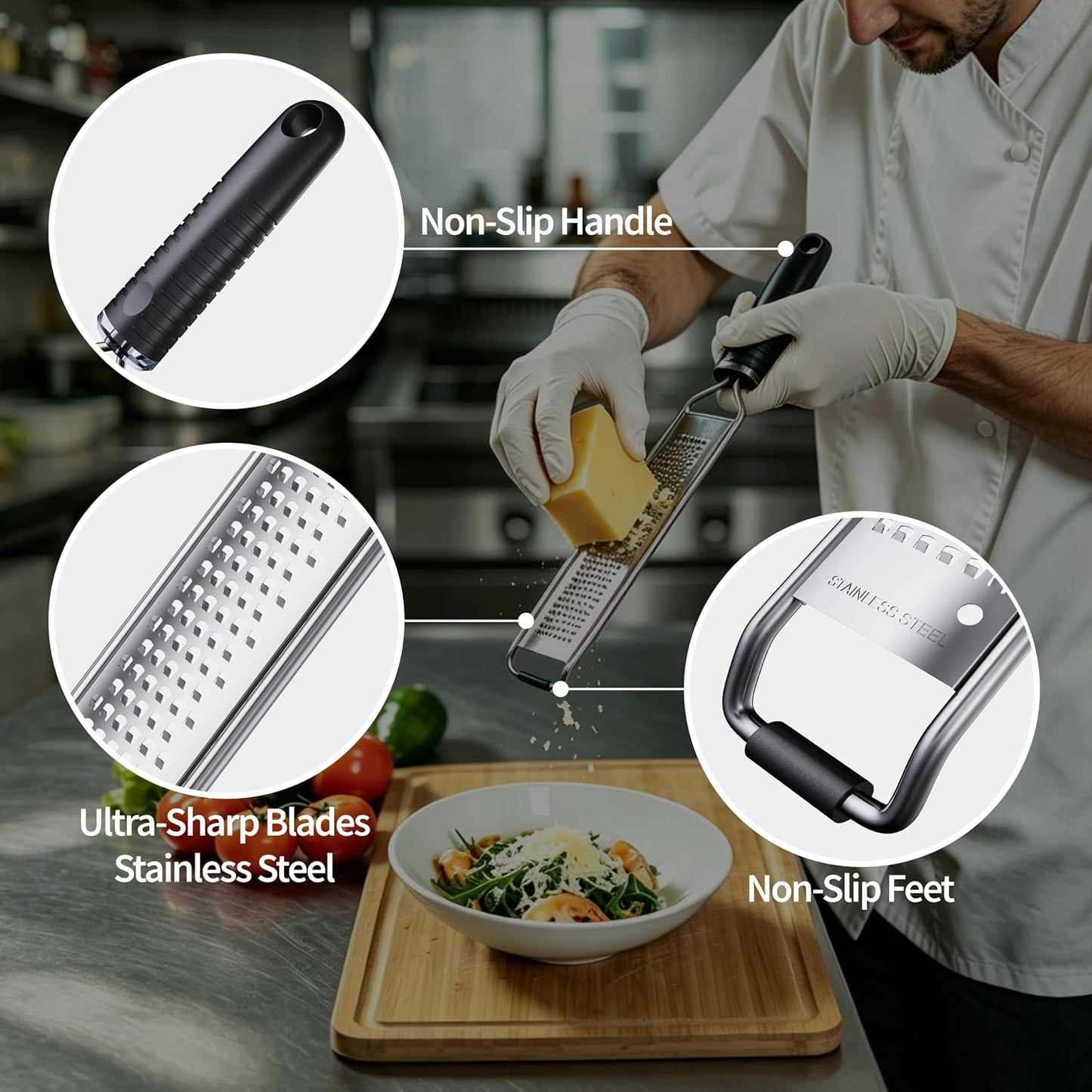 Cheese Grater with Non-Slip Handle, Lemon Zester,L15"x W1.4" | Ultra-Sharp Stainless Steel Blades