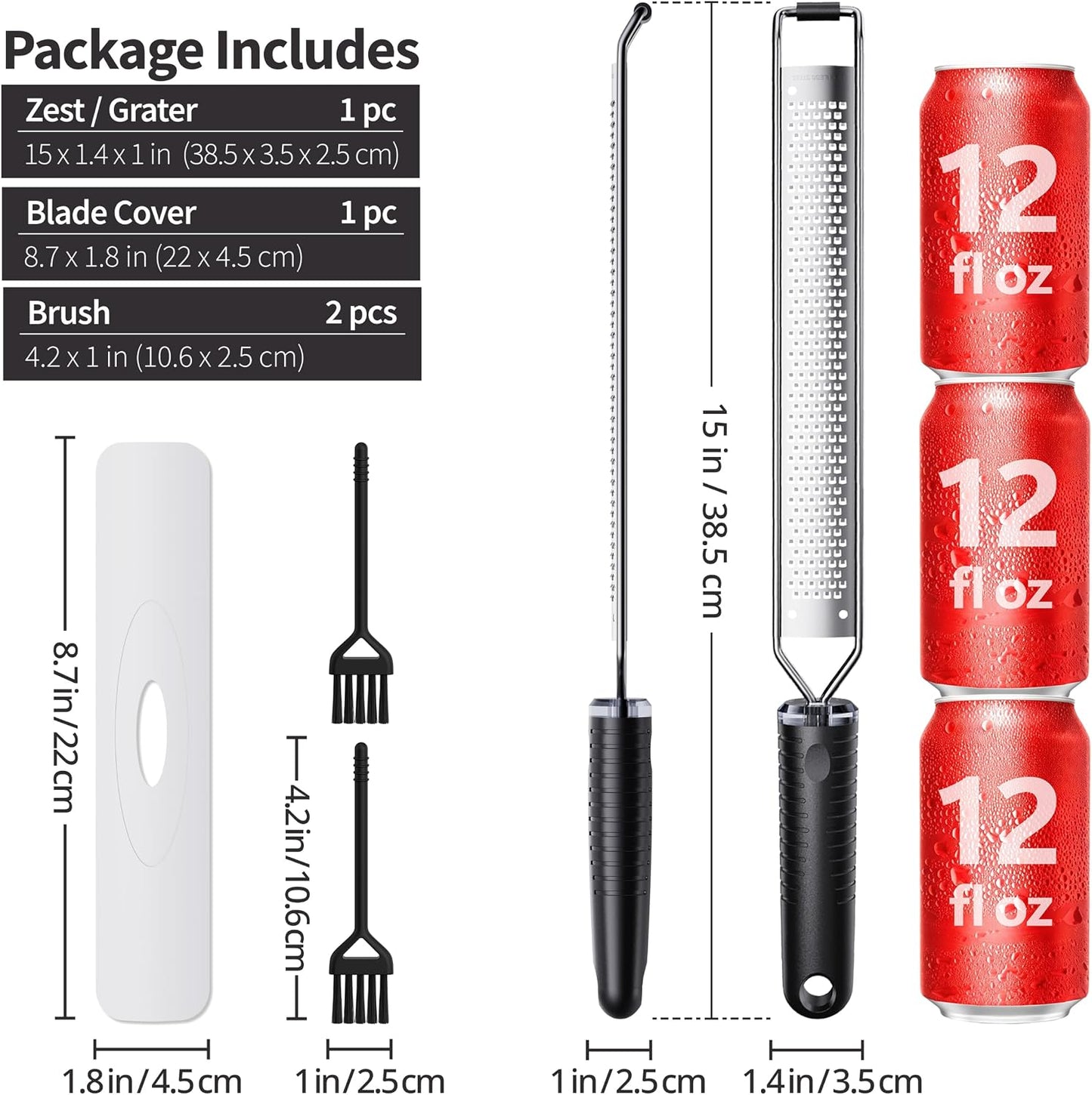 Cheese Grater with Non-Slip Handle, Lemon Zester,L15"x W1.4" | Ultra-Sharp Stainless Steel Blades