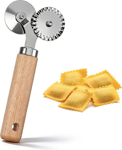 Pastry Double Cutter Wheel Stainless Steel Pasta Cutter Wheel with Beechwood Wooden Handle Ravioli Crimper Cutter-Wheel Baking Tool for Home and Kitchen Pasta Pizza Ravioli Cookie Use
