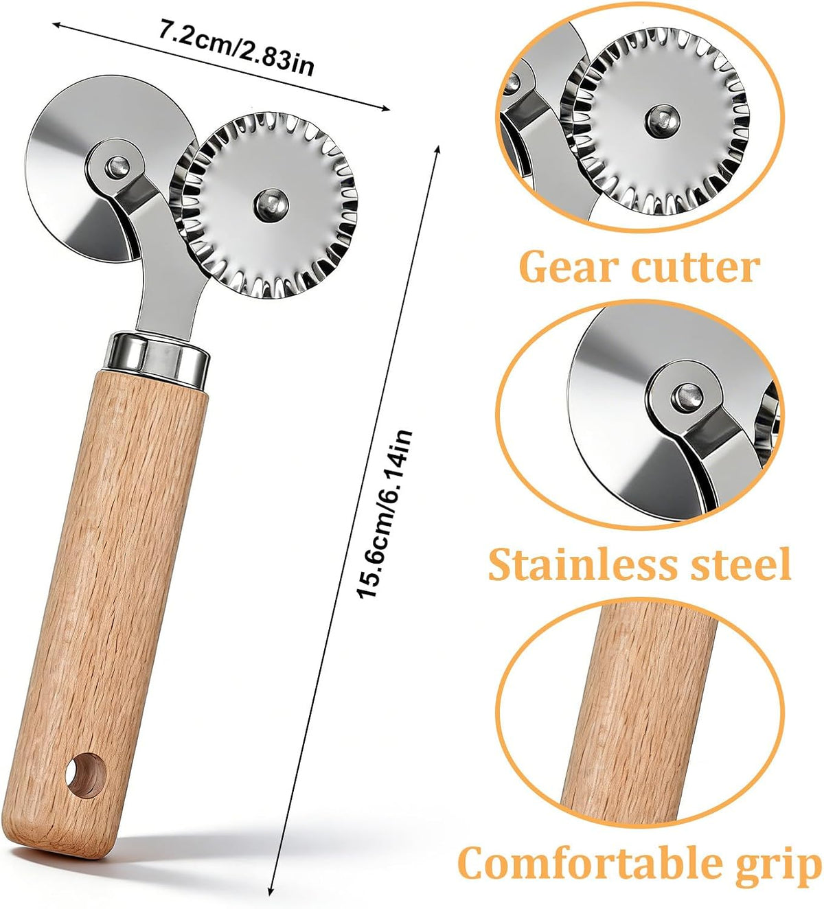 Pastry Double Cutter Wheel Stainless Steel Pasta Cutter Wheel with Beechwood Wooden Handle Ravioli Crimper Cutter-Wheel Baking Tool for Home and Kitchen Pasta Pizza Ravioli Cookie Use