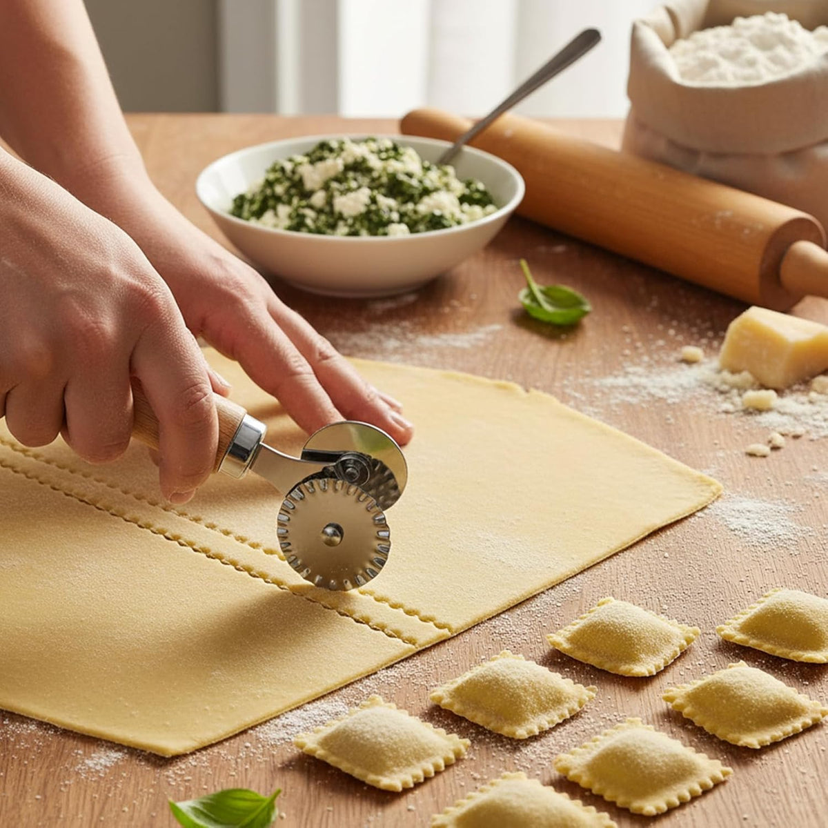 Pastry Double Cutter Wheel Stainless Steel Pasta Cutter Wheel with Beechwood Wooden Handle Ravioli Crimper Cutter-Wheel Baking Tool for Home and Kitchen Pasta Pizza Ravioli Cookie Use
