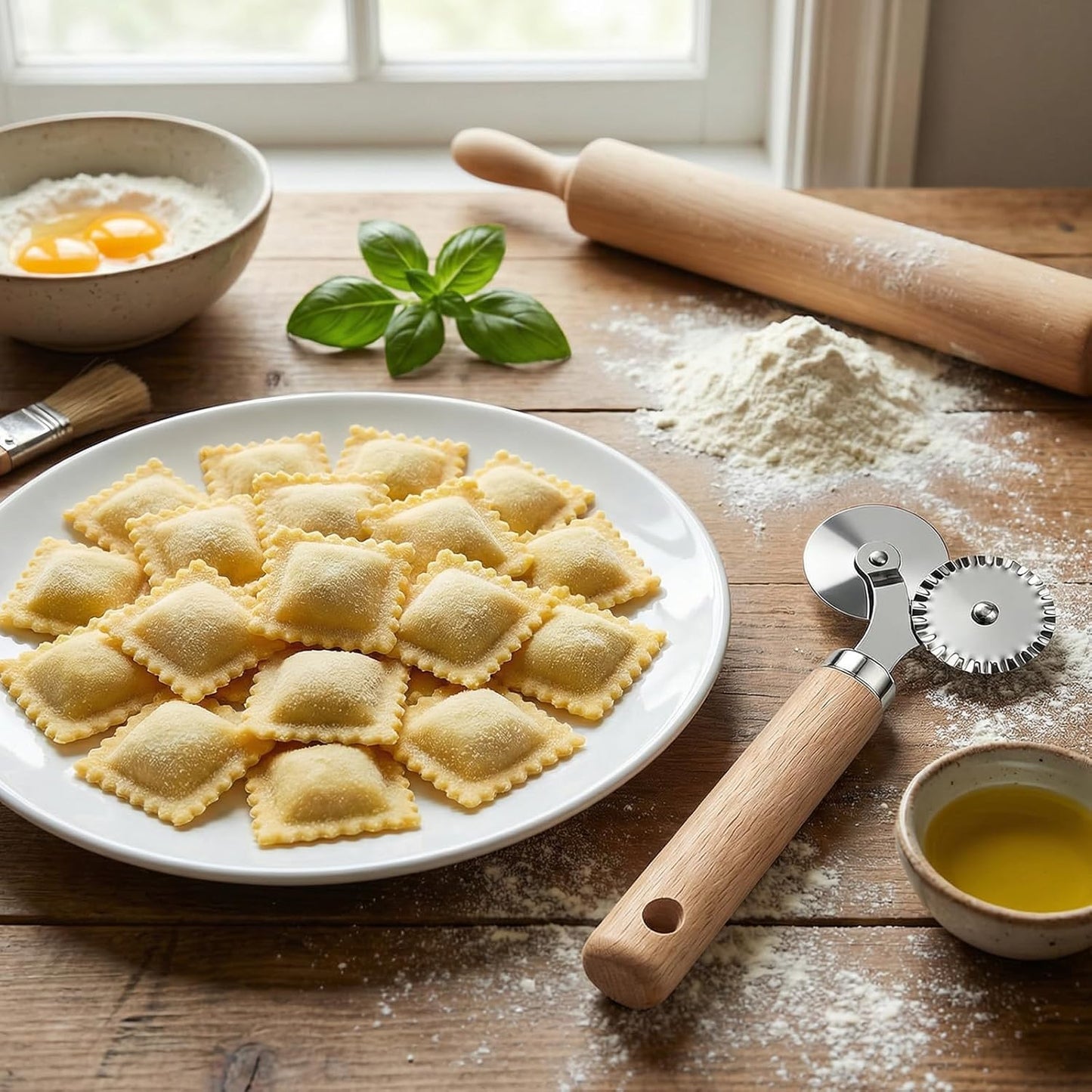 Pastry Double Cutter Wheel Stainless Steel Pasta Cutter Wheel with Beechwood Wooden Handle Ravioli Crimper Cutter-Wheel Baking Tool for Home and Kitchen Pasta Pizza Ravioli Cookie Use