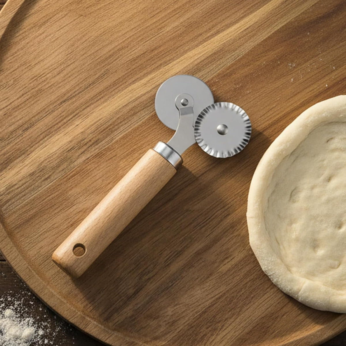 Pastry Double Cutter Wheel Stainless Steel Pasta Cutter Wheel with Beechwood Wooden Handle Ravioli Crimper Cutter-Wheel Baking Tool for Home and Kitchen Pasta Pizza Ravioli Cookie Use