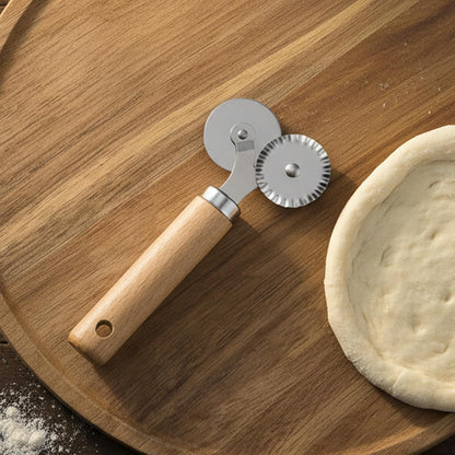 Pastry Double Cutter Wheel Stainless Steel Pasta Cutter Wheel with Beechwood Wooden Handle Ravioli Crimper Cutter-Wheel Baking Tool for Home and Kitchen Pasta Pizza Ravioli Cookie Use