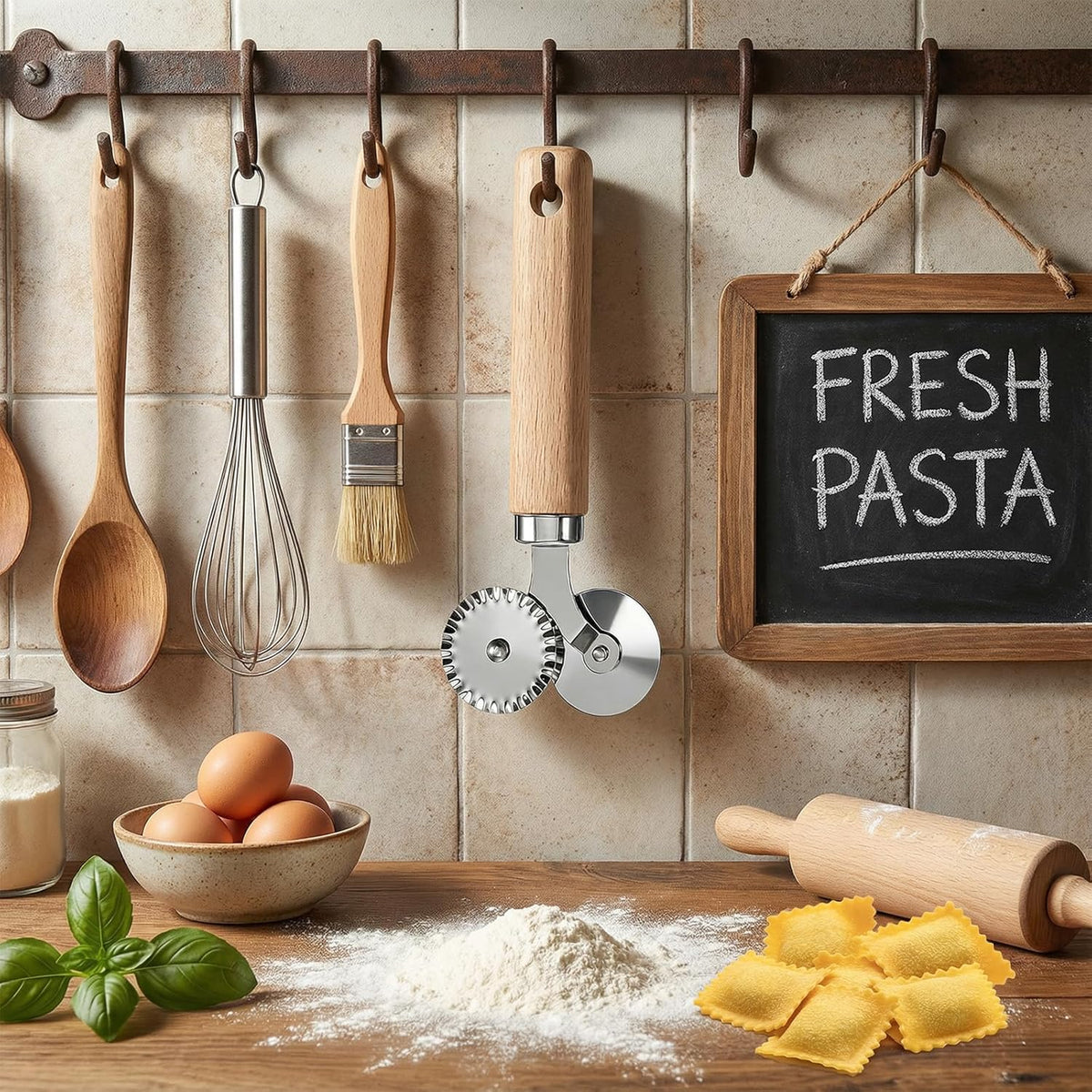 Pastry Double Cutter Wheel Stainless Steel Pasta Cutter Wheel with Beechwood Wooden Handle Ravioli Crimper Cutter-Wheel Baking Tool for Home and Kitchen Pasta Pizza Ravioli Cookie Use