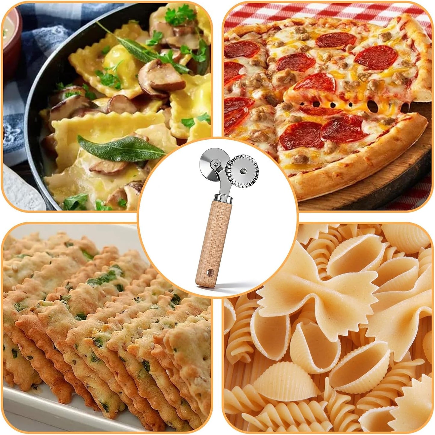 Pastry Double Cutter Wheel Stainless Steel Pasta Cutter Wheel with Beechwood Wooden Handle Ravioli Crimper Cutter-Wheel Baking Tool for Home and Kitchen Pasta Pizza Ravioli Cookie Use