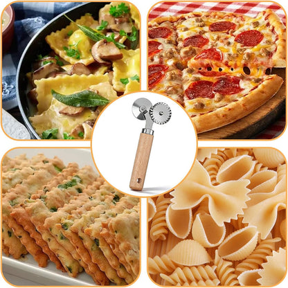 Pastry Double Cutter Wheel Stainless Steel Pasta Cutter Wheel with Beechwood Wooden Handle Ravioli Crimper Cutter-Wheel Baking Tool for Home and Kitchen Pasta Pizza Ravioli Cookie Use