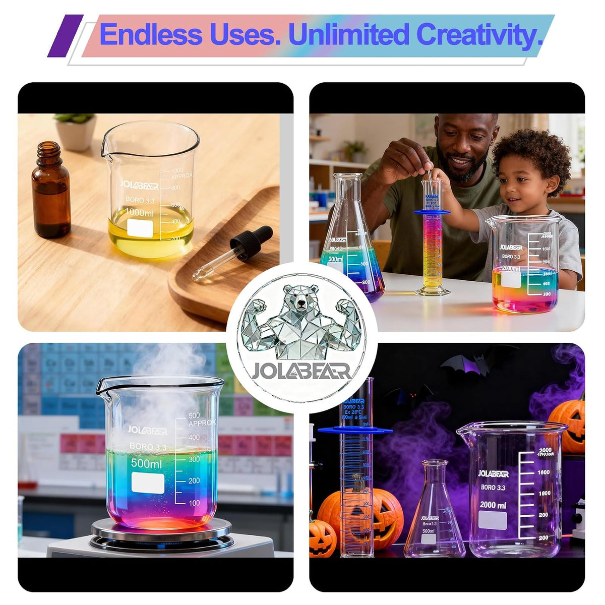 JOLABEAR Glass Beaker Set - 7 Size -10ml 25ml 50ml 100ml 250ml 500ml 1000ml, 3.3 Boro Griffin Low Form Lab Beakers with Printed Graduation