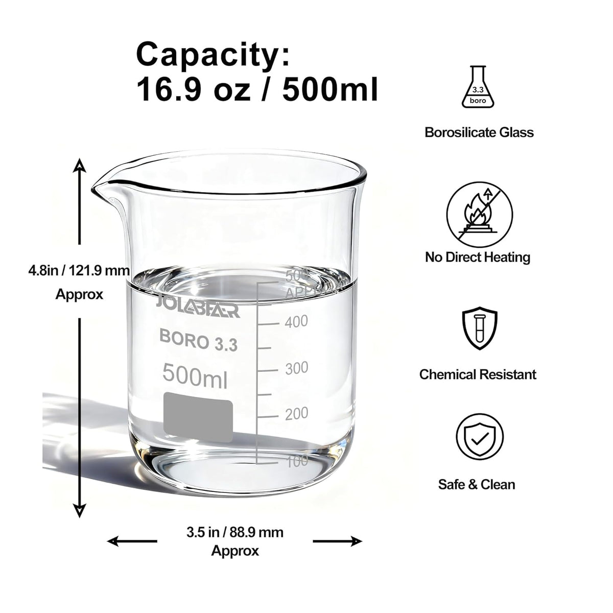 JOLABEAR Glass Beaker Set - 7 Size -10ml 25ml 50ml 100ml 250ml 500ml 1000ml, 3.3 Boro Griffin Low Form Lab Beakers with Printed Graduation