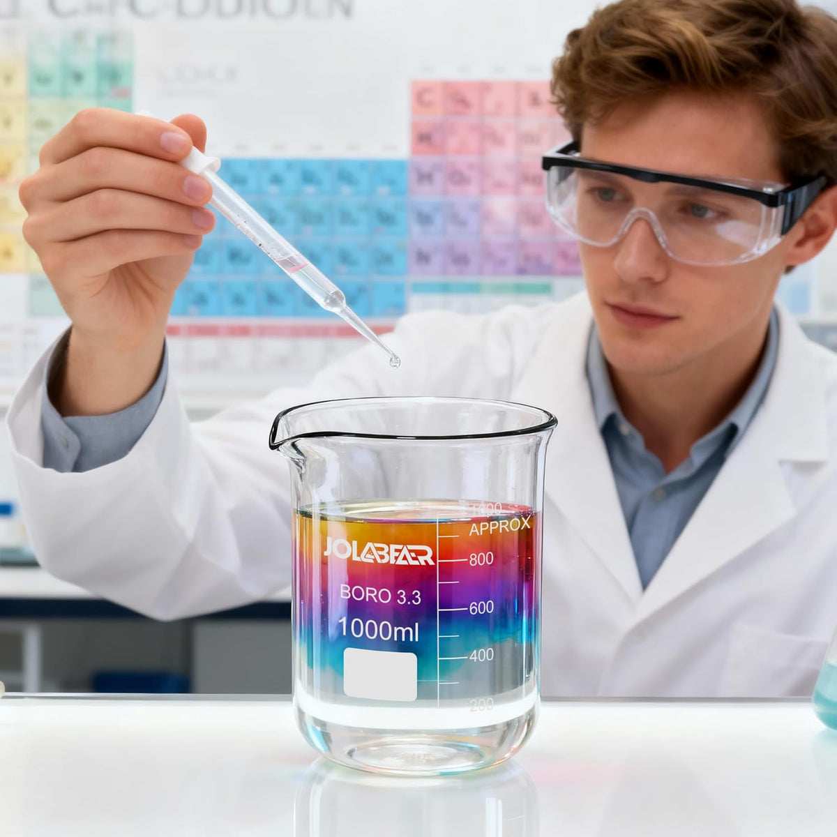 JOLABEAR Glass Beaker Set - 7 Size -10ml 25ml 50ml 100ml 250ml 500ml 1000ml, 3.3 Boro Griffin Low Form Lab Beakers with Printed Graduation