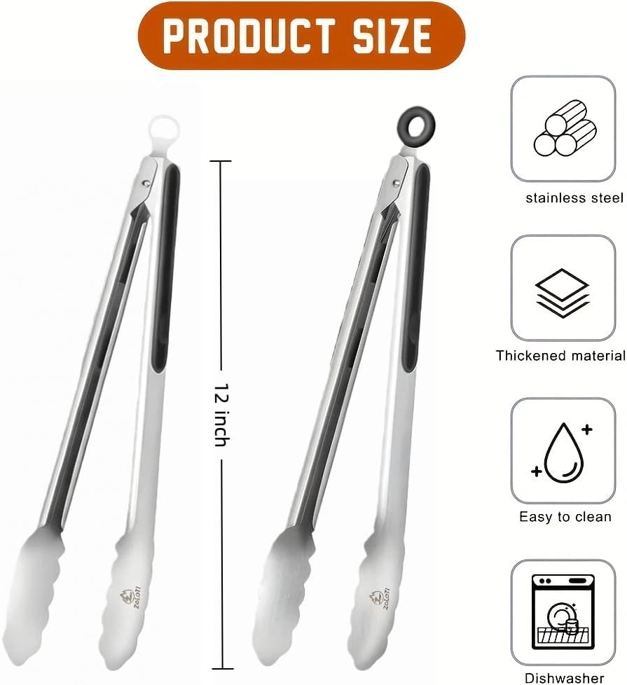 Tongs for Cooking 2 PCS of 12" | Stainless Steel, 2-in-1 Locking Bottle Opener Built-in, Heat Resistant Silicone Grips, For Grilling Camping BBQ Kitchen