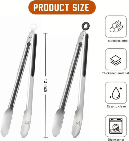 Tongs for Cooking 2 PCS of 12" | Stainless Steel, 2-in-1 Locking Bottle Opener Built-in, Heat Resistant Silicone Grips, For Grilling Camping BBQ Kitchen