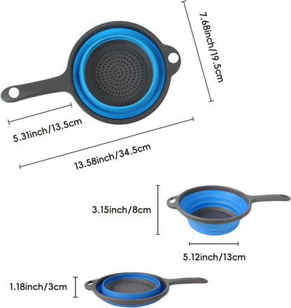 Foldable Silicone Colander – Space-Saving Collapsible Strainer with Handles, Quick Drain for Pasta, Vegetables & Fruit, Kitchen Gadgets for Small Kitchens & RVs (Blue)