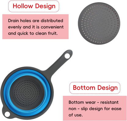 Foldable Silicone Colander – Space-Saving Collapsible Strainer with Handles, Quick Drain for Pasta, Vegetables & Fruit, Kitchen Gadgets for Small Kitchens & RVs (Blue)
