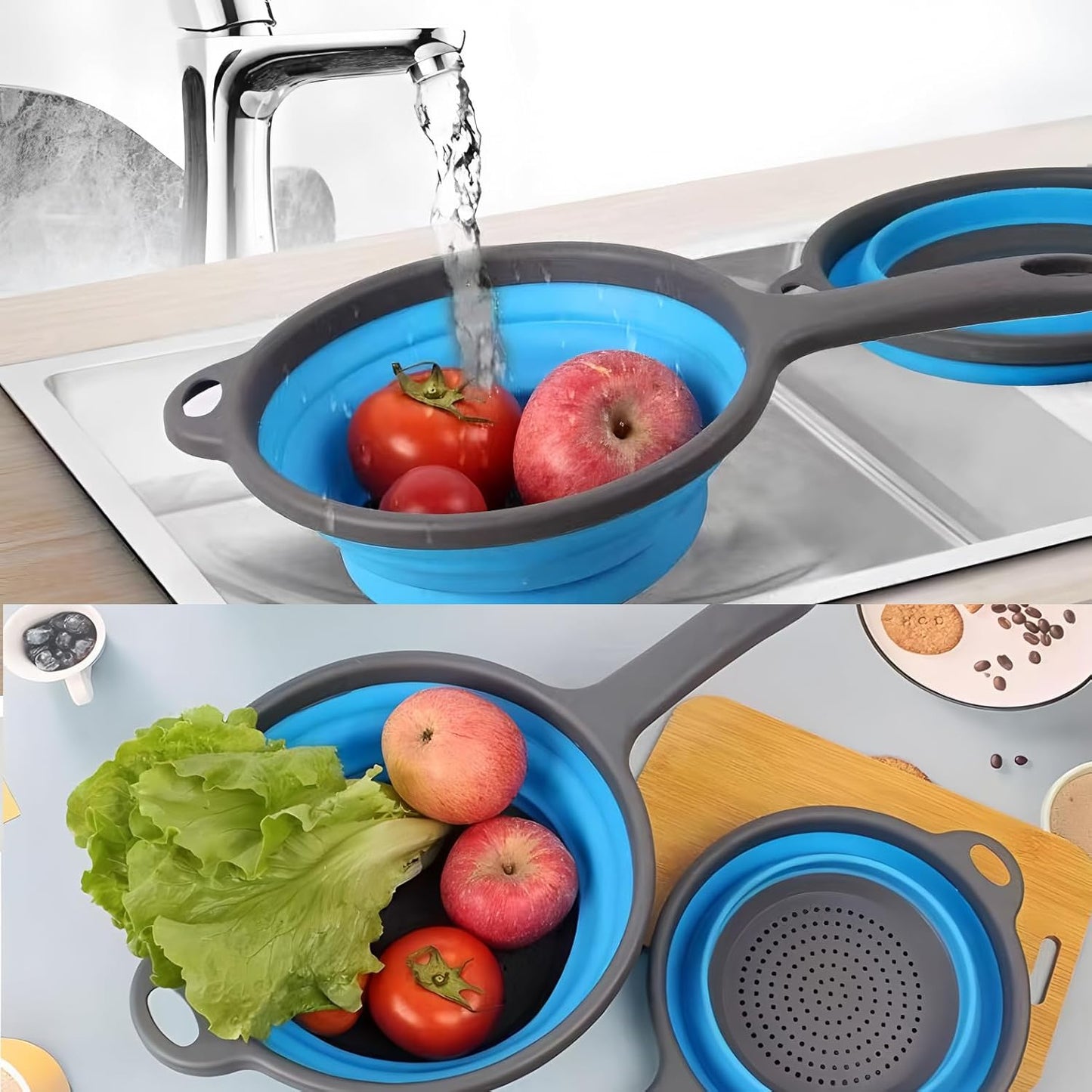 Foldable Silicone Colander – Space-Saving Collapsible Strainer with Handles, Quick Drain for Pasta, Vegetables & Fruit, Kitchen Gadgets for Small Kitchens & RVs (Blue)