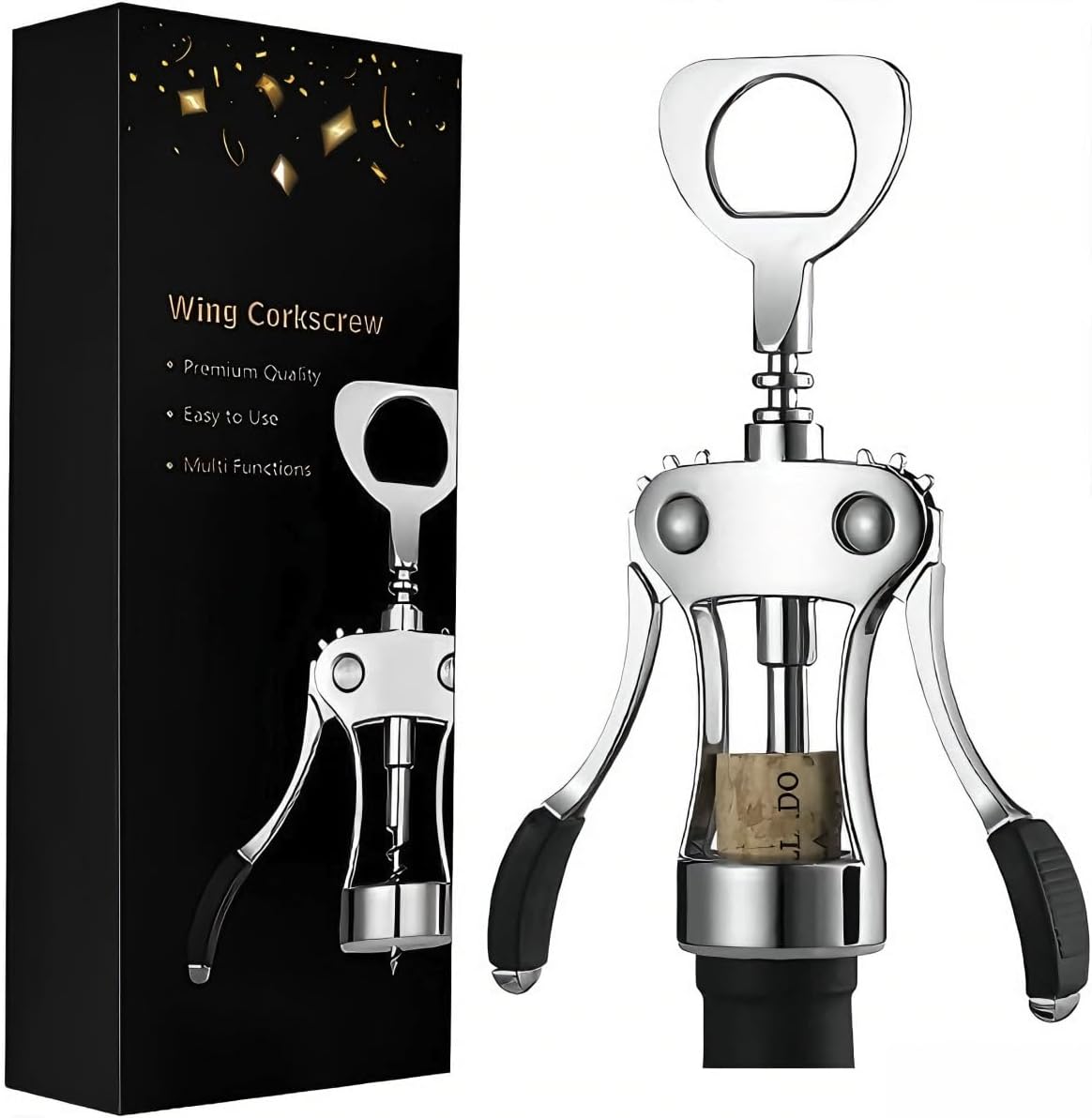 Wine Opener Zinc Alloy Wing Corkscrew, Multifunctional Wine Bottle Opener with Built-In Beer Bottle Opener, Sharp Worm Tip with Ergonomic Non-Slip Wing Handle for Home Bar Restaurant, Silver