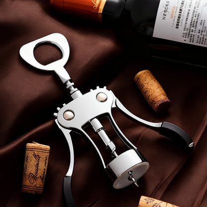 Wine Opener Zinc Alloy Wing Corkscrew, Multifunctional Wine Bottle Opener with Built-In Beer Bottle Opener, Sharp Worm Tip with Ergonomic Non-Slip Wing Handle for Home Bar Restaurant, Silver