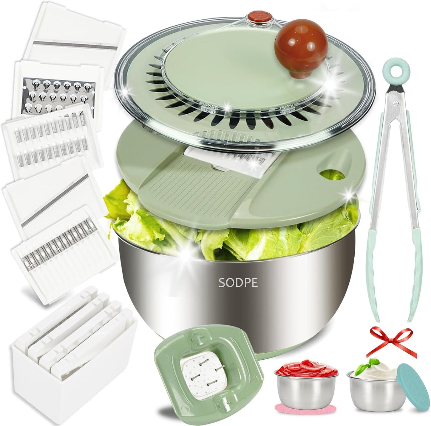 Stainless Steel Salad Spinner Large, Salad Washer Spinner and Dryer, Lettuce Cleaner Spinner, Vegetable Dryer, Fruit Washer with Dipping Saucers and Clip Dishwasher Safe, 5.3Qt