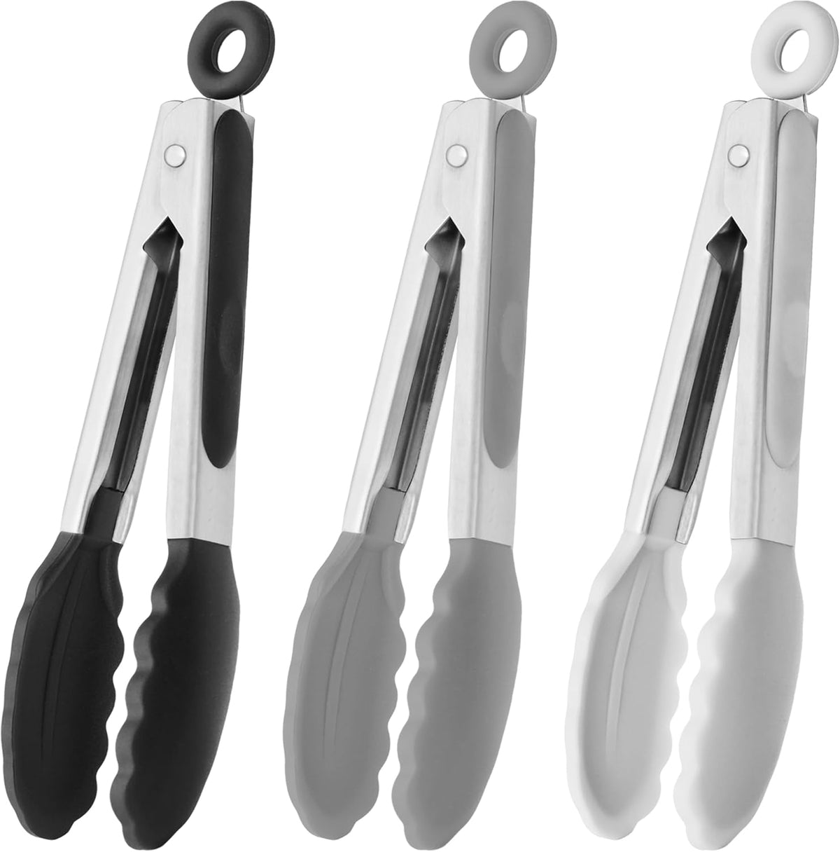 Small Silicone Tongs 7-Inch Mini Serving Tongs, Set of 3 (Black Gray White) | Black Gray White