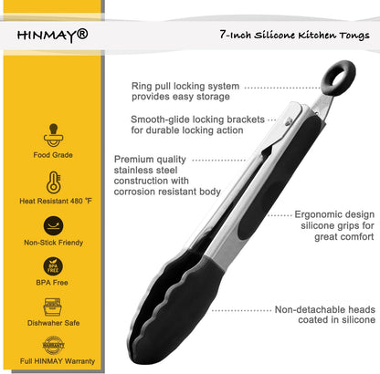 Small Silicone Tongs 7-Inch Mini Serving Tongs, Set of 3 (Black Gray White) | Black Gray White
