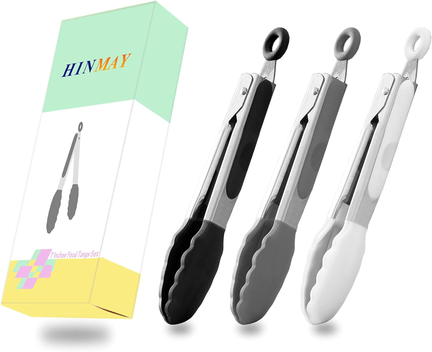 Small Silicone Tongs 7-Inch Mini Serving Tongs, Set of 3 (Black Gray White) | Black Gray White