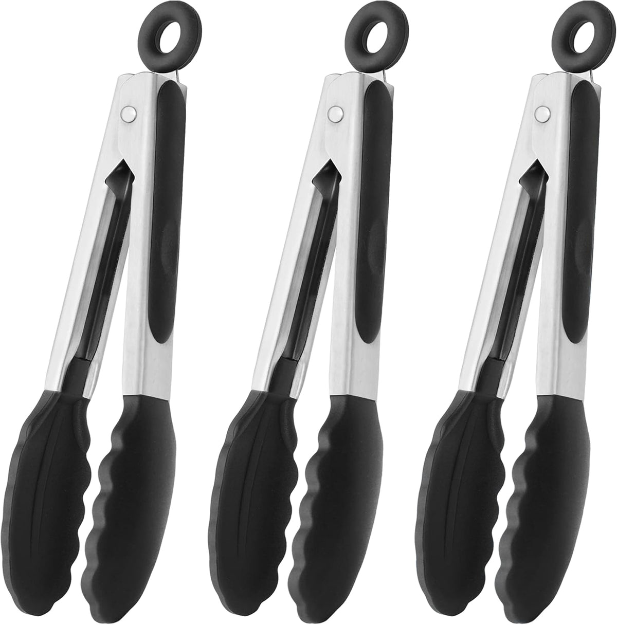 Small Silicone Tongs 7-Inch Mini Serving Tongs, Set of 3 (Black Gray White) | Black Gray White