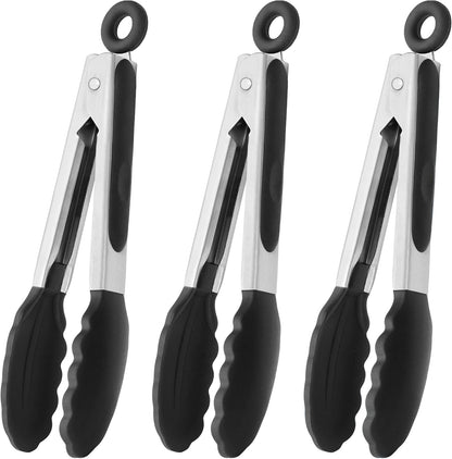 Small Silicone Tongs 7-Inch Mini Serving Tongs, Set of 3 (Black Gray White) | Black Gray White