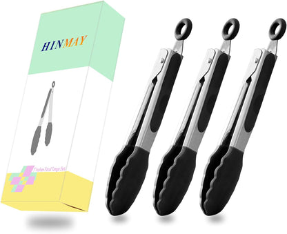 Small Silicone Tongs 7-Inch Mini Serving Tongs, Set of 3 (Black Gray White) | Black Gray White