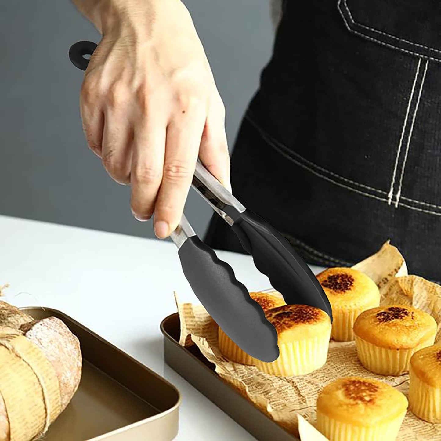 Small Silicone Tongs 7-Inch Mini Serving Tongs, Set of 3 (Black Gray White) | Black Gray White
