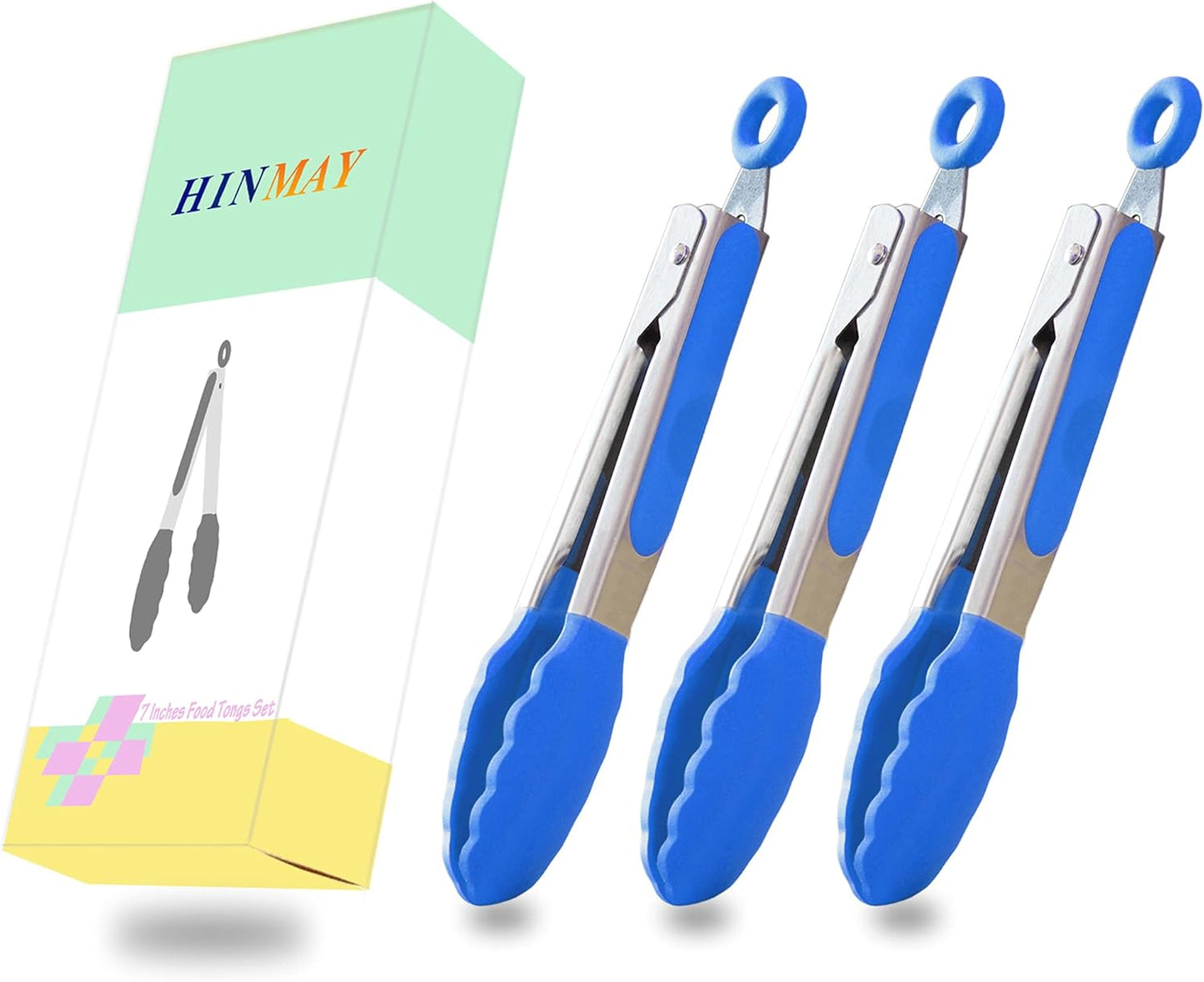 Small Silicone Tongs 7-Inch Mini Serving Tongs, Set of 3 (Black Gray White) | Black Gray White