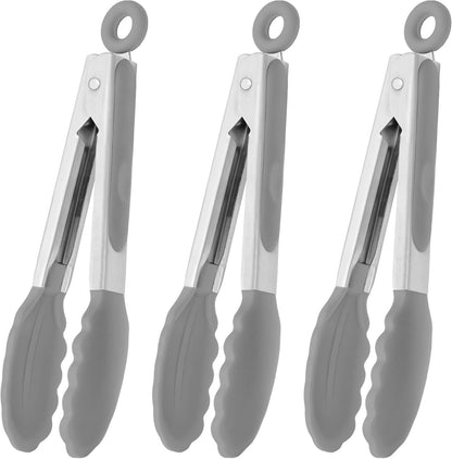 Small Silicone Tongs 7-Inch Mini Serving Tongs, Set of 3 (Black Gray White) | Black Gray White
