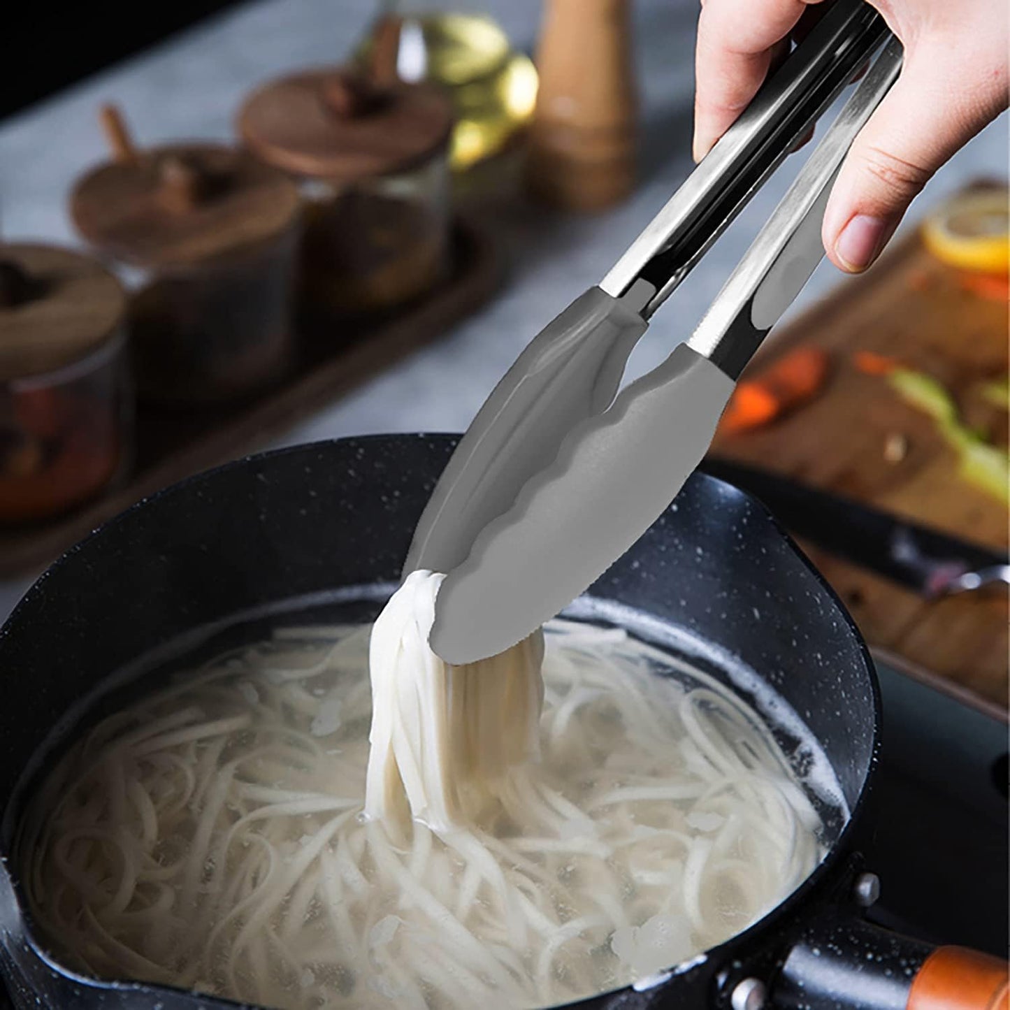 Small Silicone Tongs 7-Inch Mini Serving Tongs, Set of 3 (Black Gray White) | Black Gray White