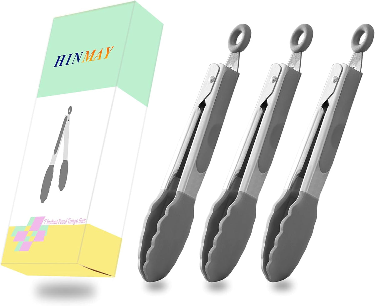 Small Silicone Tongs 7-Inch Mini Serving Tongs, Set of 3 (Black Gray White) | Black Gray White