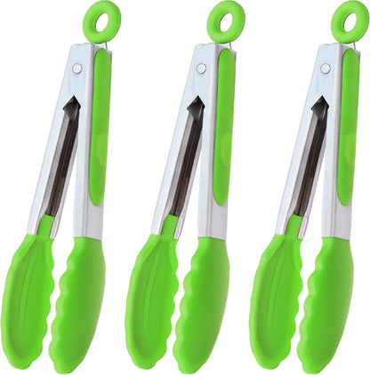 Small Silicone Tongs 7-Inch Mini Serving Tongs, Set of 3 (Black Gray White) | Black Gray White