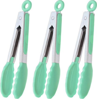 Small Silicone Tongs 7-Inch Mini Serving Tongs, Set of 3 (Black Gray White) | Black Gray White