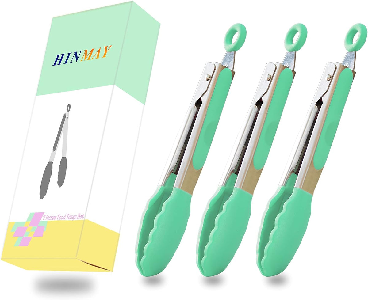 Small Silicone Tongs 7-Inch Mini Serving Tongs, Set of 3 (Black Gray White) | Black Gray White