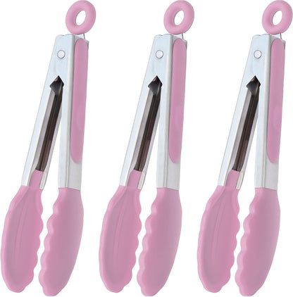Small Silicone Tongs 7-Inch Mini Serving Tongs, Set of 3 (Black Gray White) | Black Gray White
