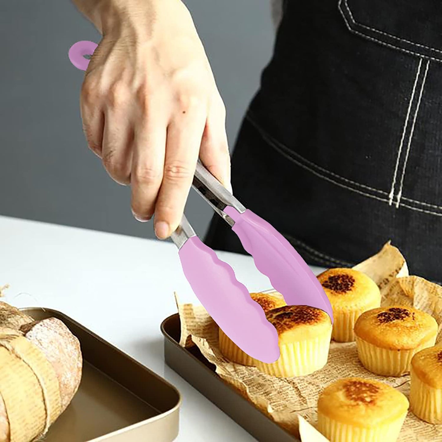 Small Silicone Tongs 7-Inch Mini Serving Tongs, Set of 3 (Black Gray White) | Black Gray White
