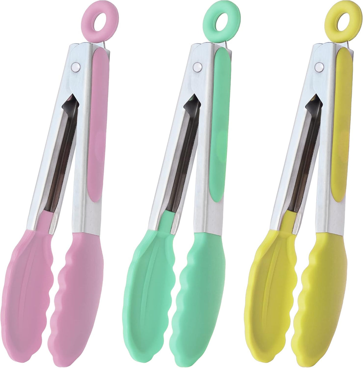 Small Silicone Tongs 7-Inch Mini Serving Tongs, Set of 3 (Black Gray White) | Black Gray White