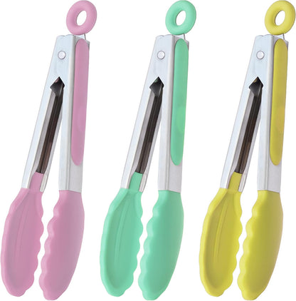 Small Silicone Tongs 7-Inch Mini Serving Tongs, Set of 3 (Black Gray White) | Black Gray White